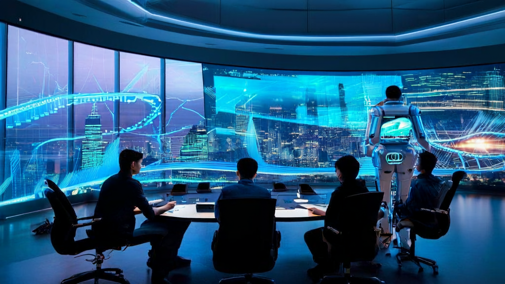 Shows a high-tech office where team members are using AI technology to optimize customer acquisition processes and adding sound effects to videos with ThinkSound.