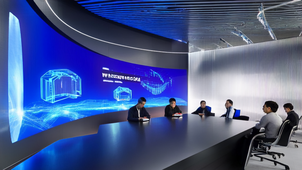 充满未来感的办公室中，团队成员正在讨论如何利用AI技术实现高效获客