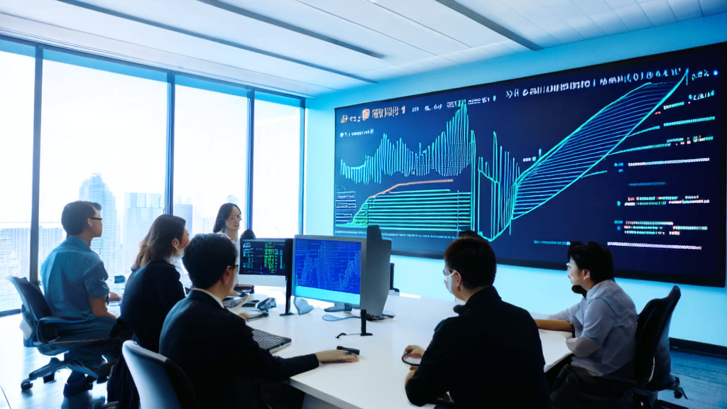 A team discusses AI-driven customer acquisition strategies using Qwen3-Coder in a bright office setting