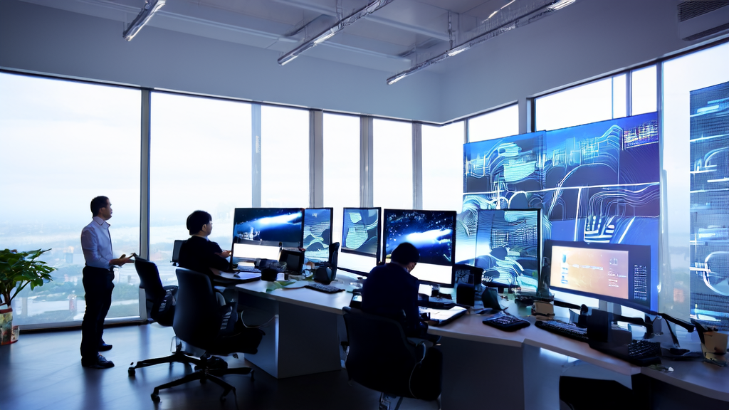 In a sunlit modern office, a team discusses AI-driven customer acquisition strategies while a large screen displays real-time video analysis results from Video-XL-2.