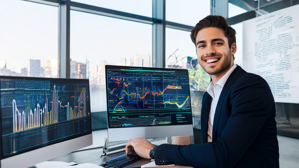 Young entrepreneur using Kimi-2 for precise marketing analysis in a modern office