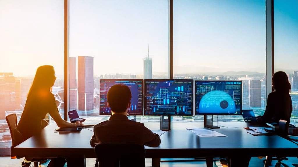 Employees in a modern office using AI-driven customer acquisition system and AR creation tools for efficient customer engagement