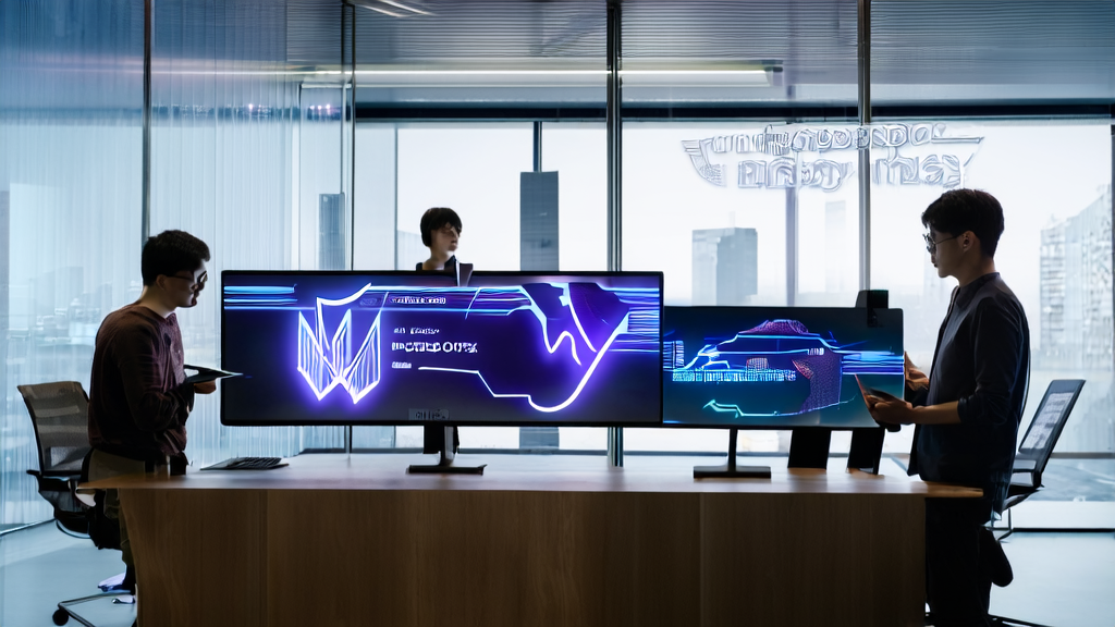 In a modern office, entrepreneurs are discussing AI-driven customer acquisition strategies with a banner announcing the launch of GPT-5 in the background.