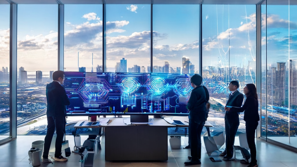 In a modern office, employees gather around an AI computer to discuss customer acquisition strategies, with a bustling cityscape outside the window