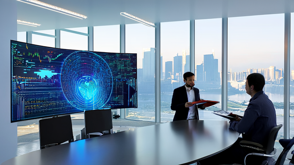 现代化办公场景中，工程师们正在讨论AI客户预测模型和DeepSeek-V3.2-Exp技术，背景为城市天际线。