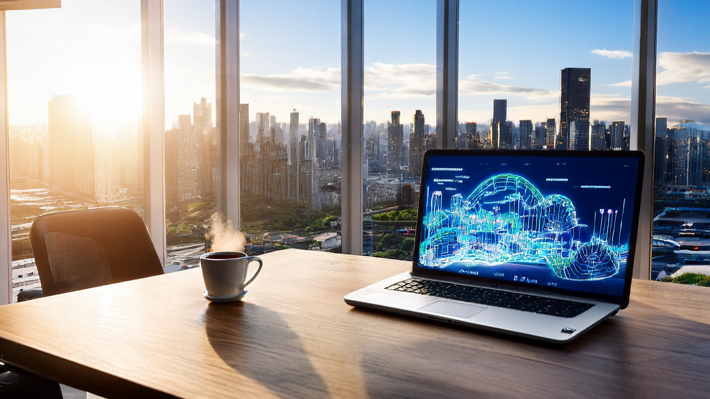 A modern office bathed in sunlight, where an entrepreneur is using AI tools for keyword optimization and data analysis