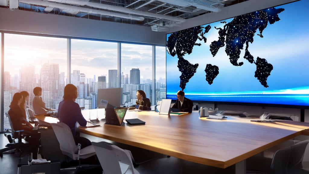 现代化办公室中员工使用AI技术生成高精度3D模型，提升外贸精准获客效率