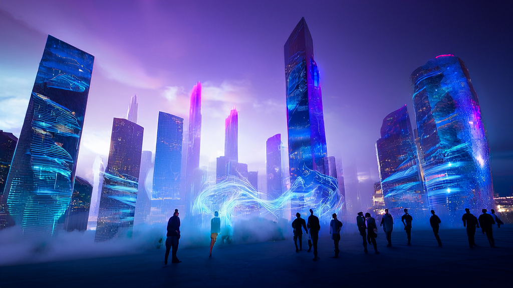 Night in a futuristic city, entrepreneur using AI-driven customer acquisition solutions