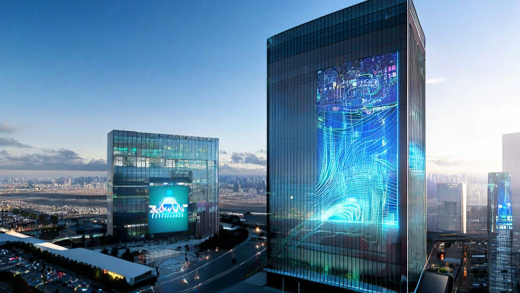 A futuristic cityscape showcasing AI-driven advertising optimization and customer acquisition.