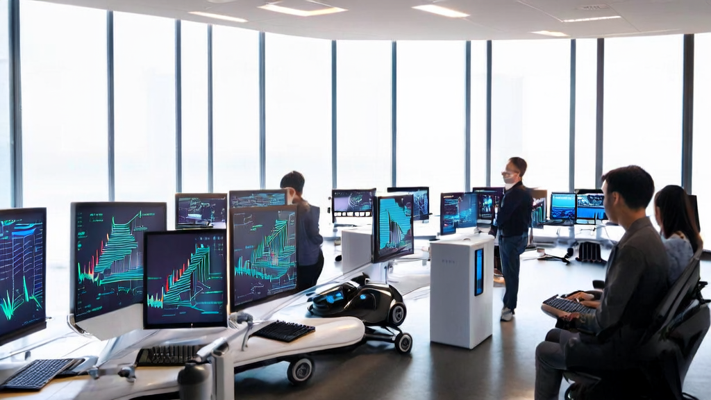 展示现代化办公室内员工利用AI技术进行高效获客工作的场景，包括使用AI算法优化邮件营销和菜鸟无人车模型。