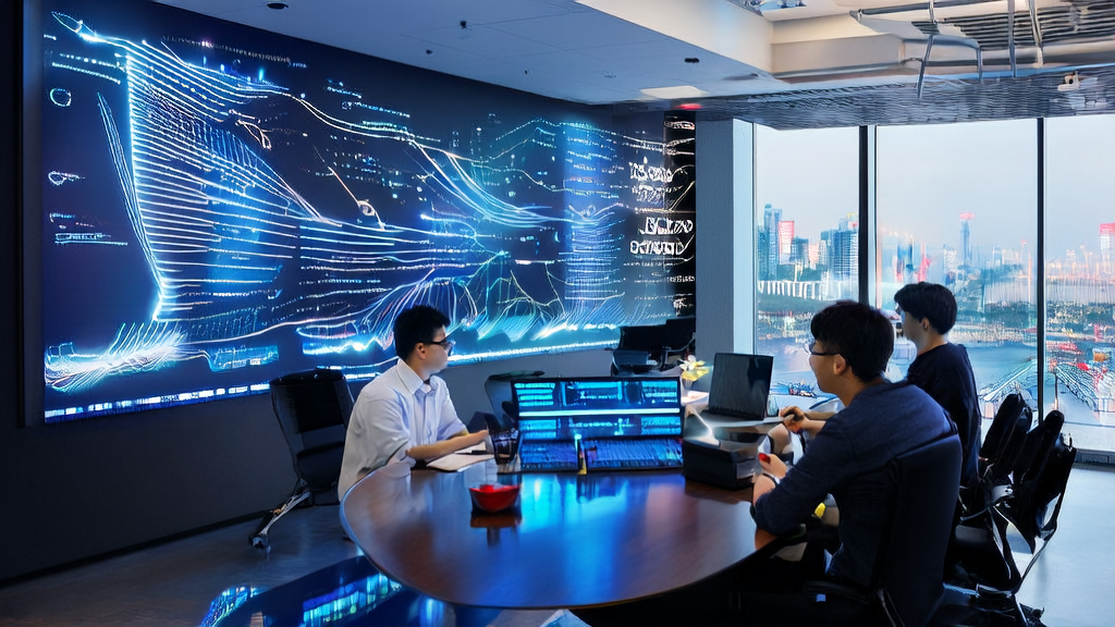 In a modern office, programmers are discussing AI-driven customer data cleansing services, with a bustling city skyline in the background