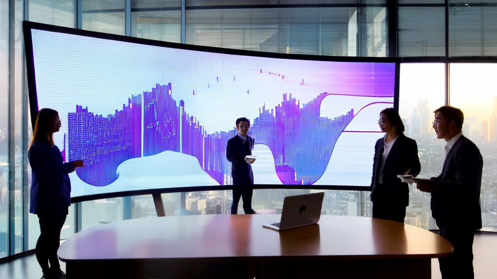 现代化办公室内，分析师们正在讨论AI客户预测模型，窗外是繁华的城市天际线。