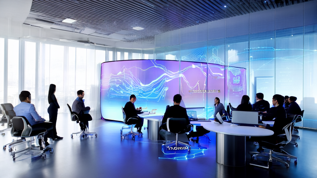 未来科技办公室中,职业人士正在讨论AI客户预测模型的数据