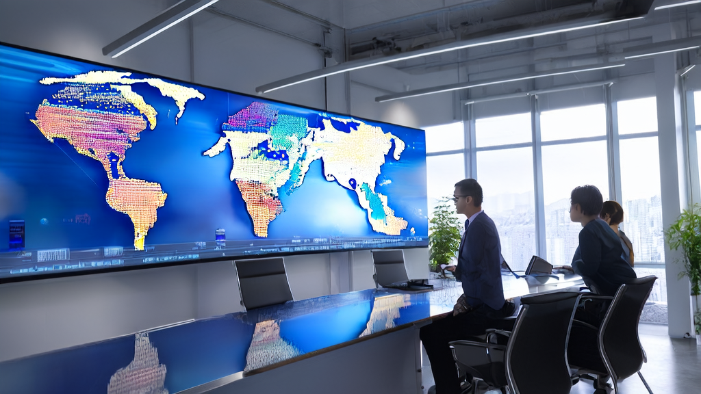 In a sunlit modern office, analysts are studying AI customer prediction models with a world market distribution map on the wall.