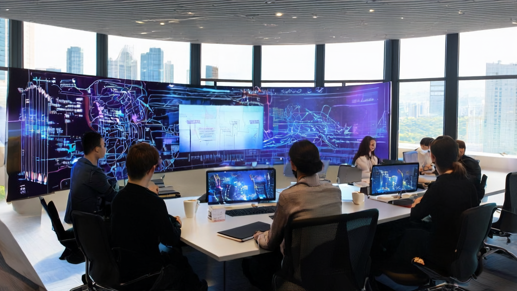 A group of marketing experts discussing AI-driven customer acquisition strategies in an office setting