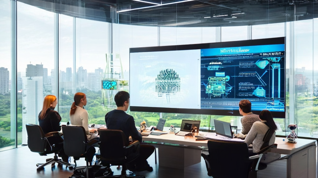 Young entrepreneurs discussing AI-driven customer acquisition solutions in an office, with the HiAgent 2.0 platform interface from Volcano Engine in the background.