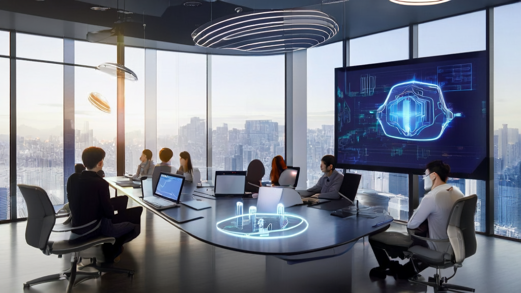 Professionals discussing AI-driven customer acquisition solutions in a modern office