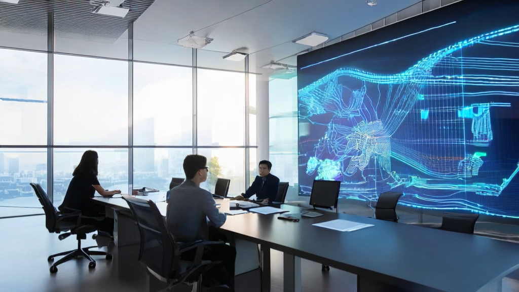 现代化办公室中，团队围绕AI驱动的演示文稿讨论客户获取解决方案