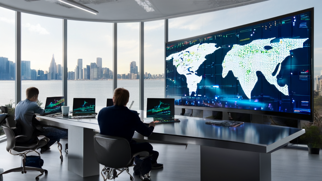 现代化办公室内,团队成员正在讨论AI驱动的客户获取策略,背景是全球地图和多语言处理界面