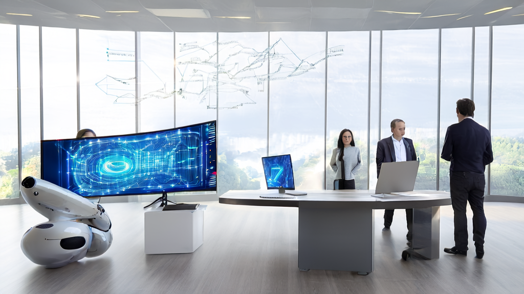 Modern office with entrepreneurs discussing AI-driven customer acquisition strategies, featuring an interactive AI robot