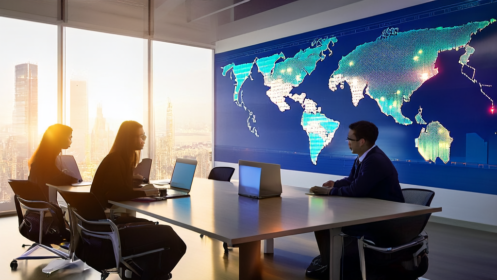 Young employees of an export company discussing AI-driven personalized email marketing strategies in an office with a city skyline backdrop