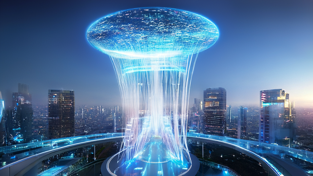 未来城市中的AI控制中心，展示客户数据清洗和多渠道精准投放的过程