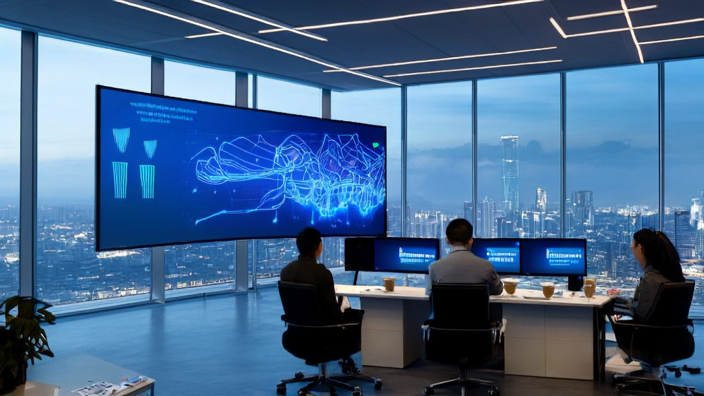 现代化办公室中,员工使用AI驱动的邮件营销工具优化邮件内容,背景墙上播放着腾讯混元3D Studio的3D创作演示视频。