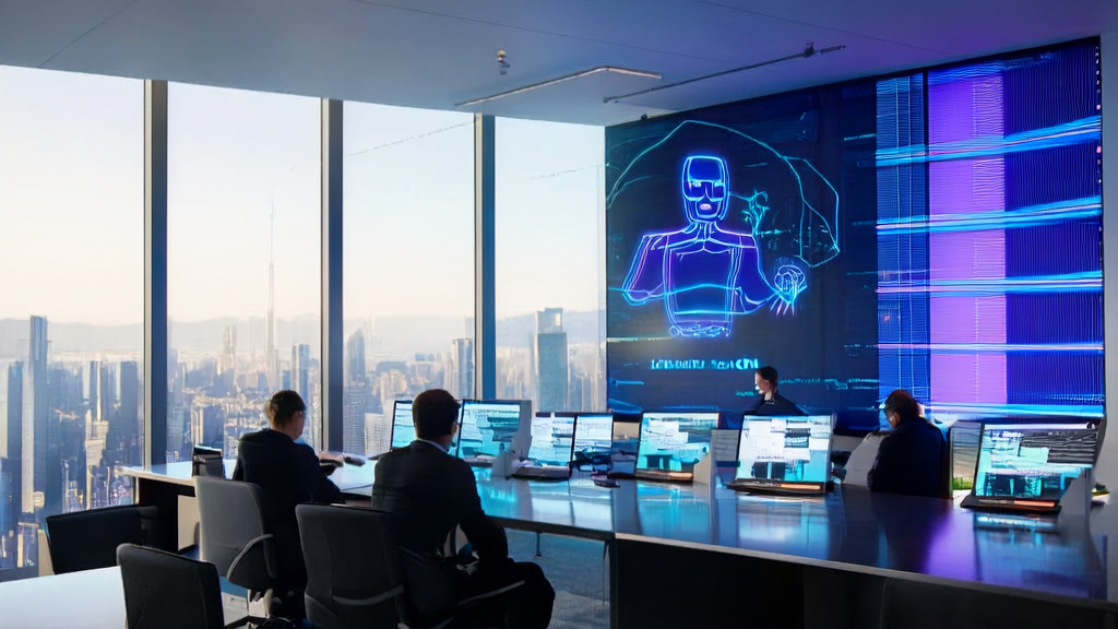 现代化办公室中展示AI驱动的客户获取解决方案和邮件营销优化