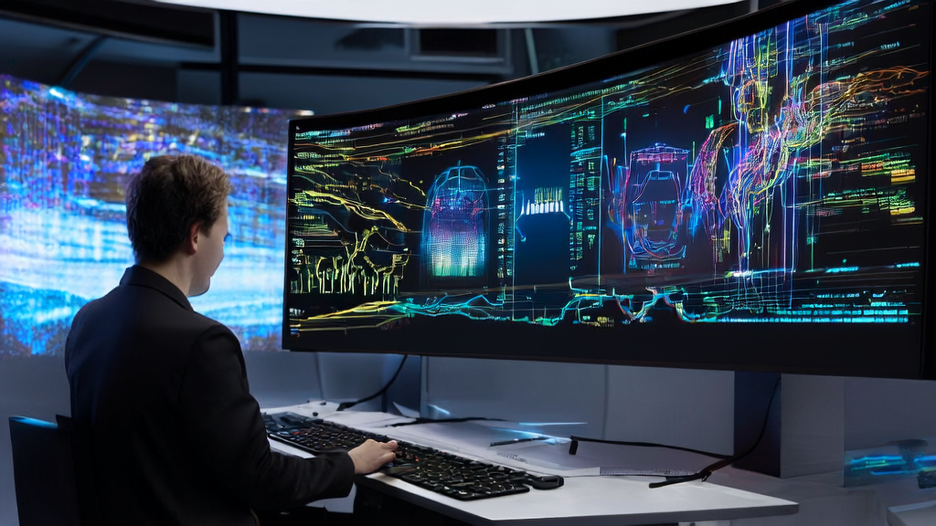 数据科学家在现代化办公室中使用AI客户预测模型进行个性化邮件营销策略分析