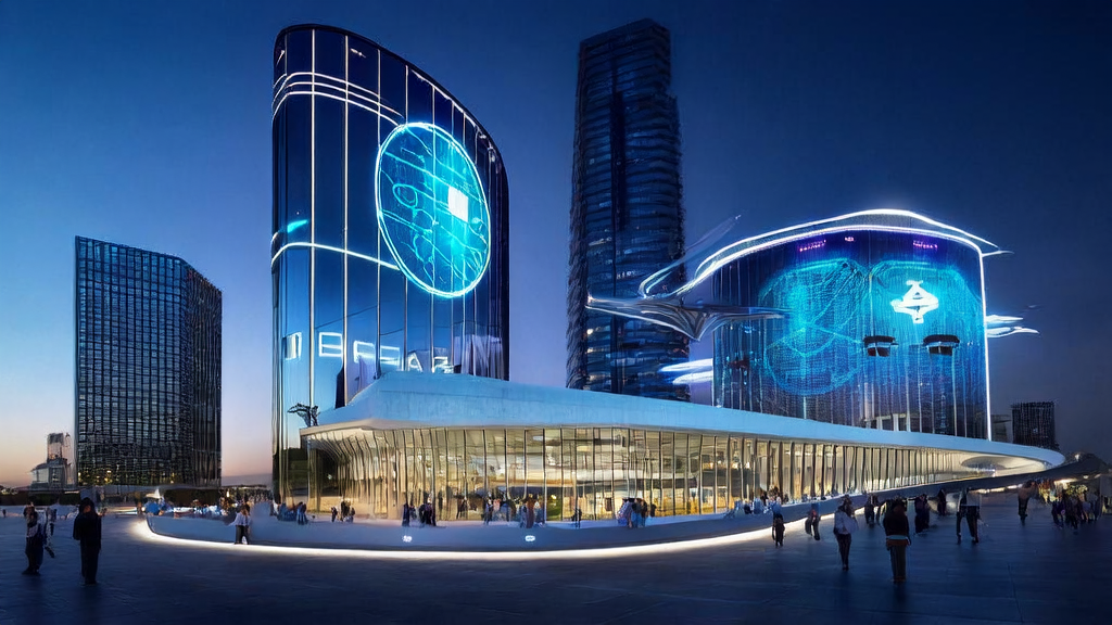 夜晚的现代办公大楼，创业者们正在讨论AI驱动的客户获取解决方案，楼顶闪烁着Polaris Alpha标志。