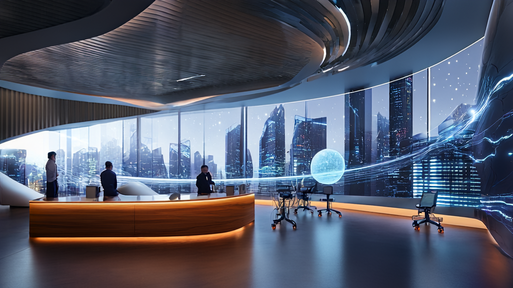 工程师们在充满未来感的办公室中讨论AI客户预测模型的应用与挑战