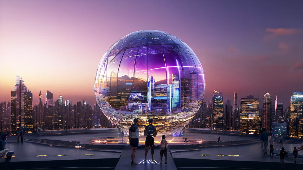 A futuristic cityscape showcasing AI-driven customer acquisition solutions with virtual interactions