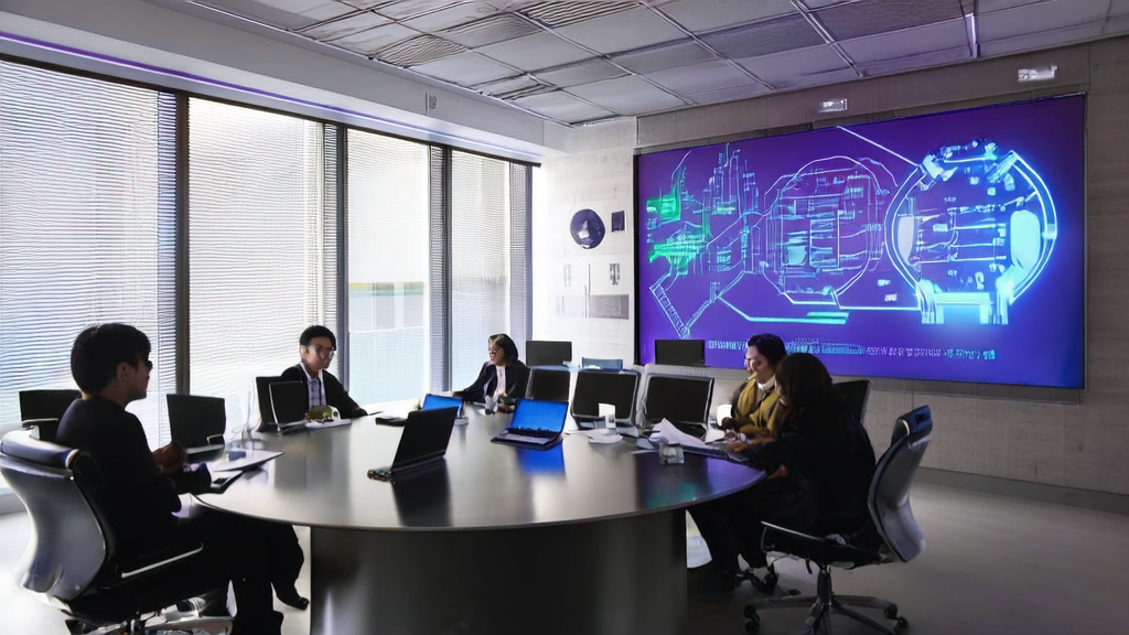 AI-driven customer acquisition revolution: A team in a modern office utilizing AI technology for efficient customer acquisition