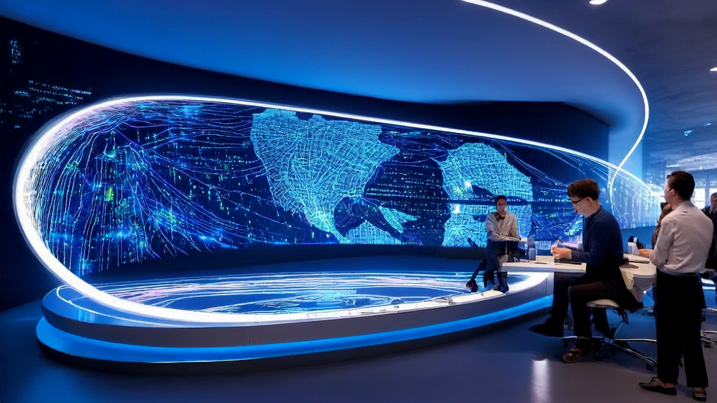 A futuristic office where entrepreneurs are discussing AI-driven customer acquisition strategies and their applications in global markets.