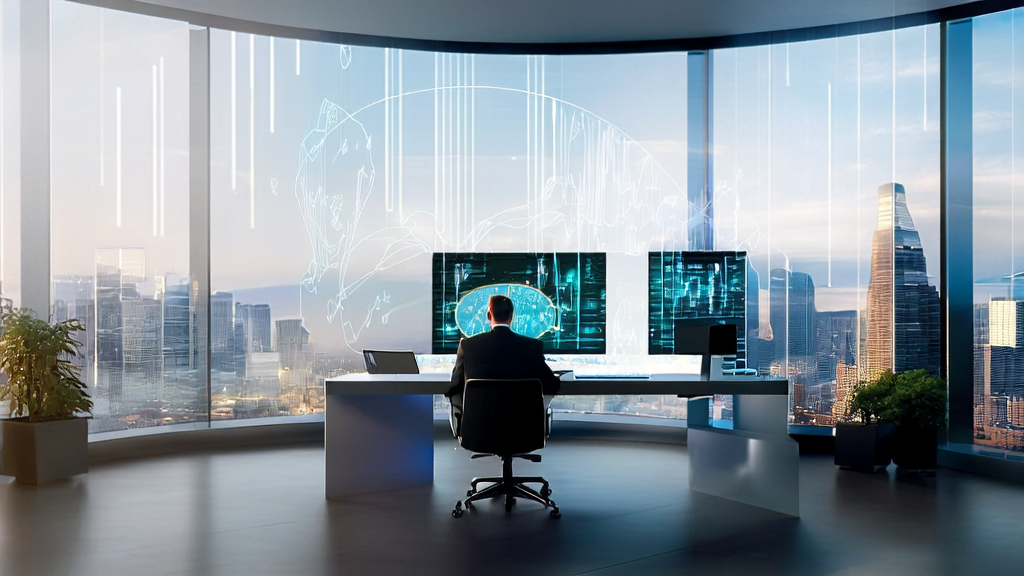 In a bright office, the CEO of a cross-border e-commerce company is using AI technology to analyze customer data, with real-time customer feedback displayed on the wall.