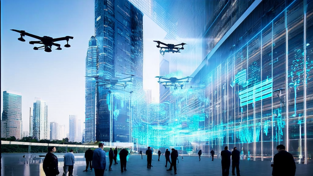 In front of a modern office building in a futuristic city, corporate executives are viewing data from an AI customer prediction model on a transparent screen, showcasing how to precisely target high-quality customers and reduce wasted efforts.