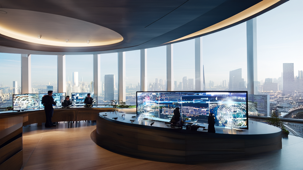 Modern export company office in a futuristic city where employees use AI tools for precise customer acquisition and video editing