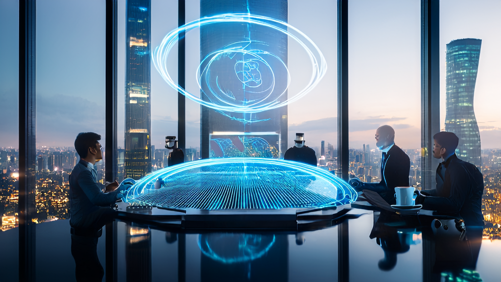 未来城市的办公楼内，创业者使用AI工具分析客户数据，智能机器人递上咖啡，背景墙显示全球市场动态地图。