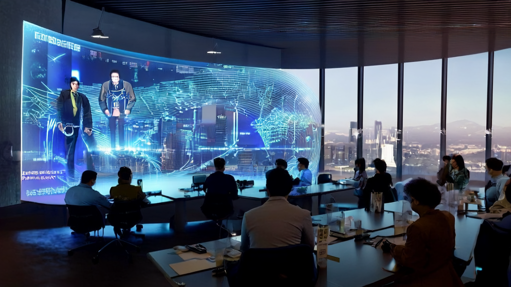 现代化办公室内员工使用AI工具进行全球客户获取和视频编辑