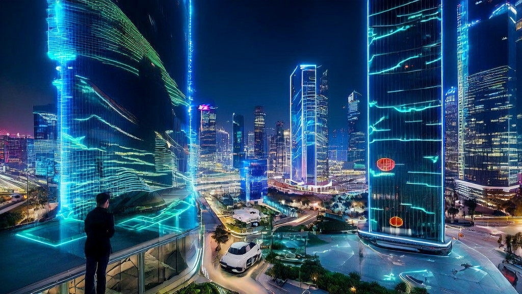 未来城市中的AI驱动跨境电商获客革命,展示了AI客户预测模型的应用场景