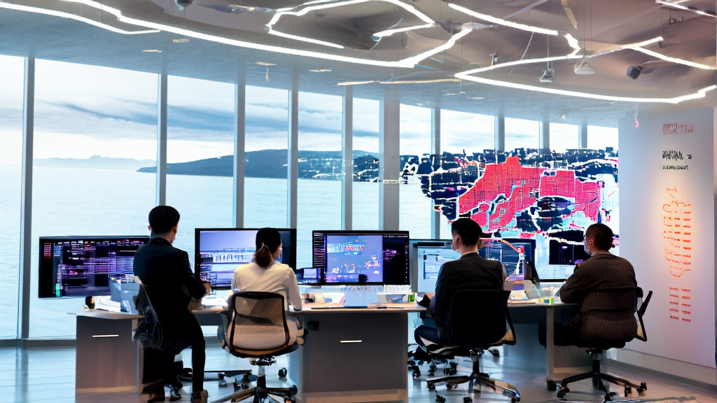 科技感办公室内工程师们正在讨论AI获客策略，背景为东南亚市场地图。