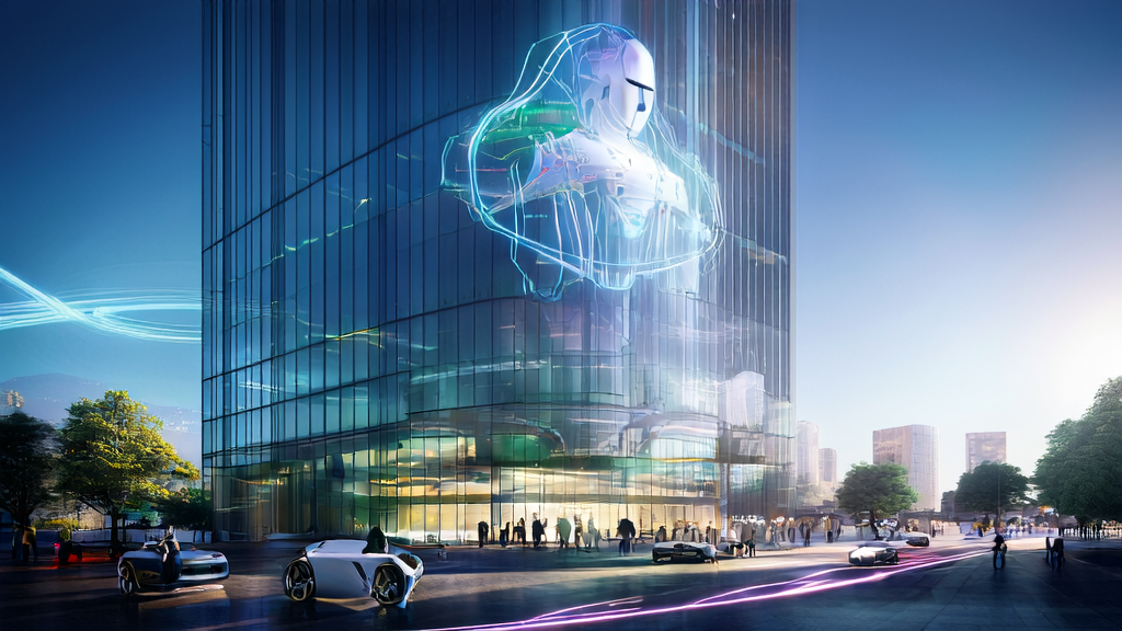 In a futuristic city's modern office building, intelligent robots work alongside human employees, with a ChatGPT holographic projection connecting external services in real-time, showcasing AI-driven customer acquisition solutions.
