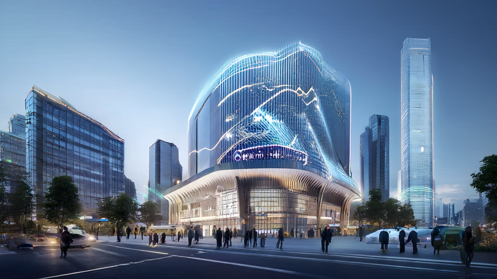In a futuristic city skyline, Intel and Baidu collaborate to showcase AI-driven customer acquisition solutions