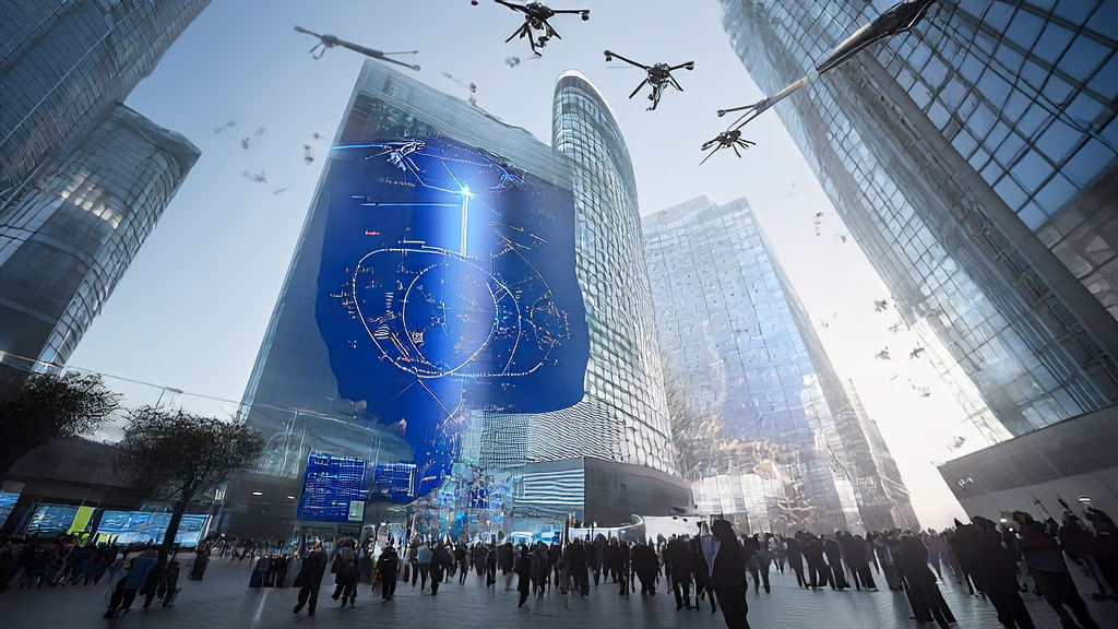 A futuristic city showcasing AI-driven customer acquisition solutions with an EU flag in the background