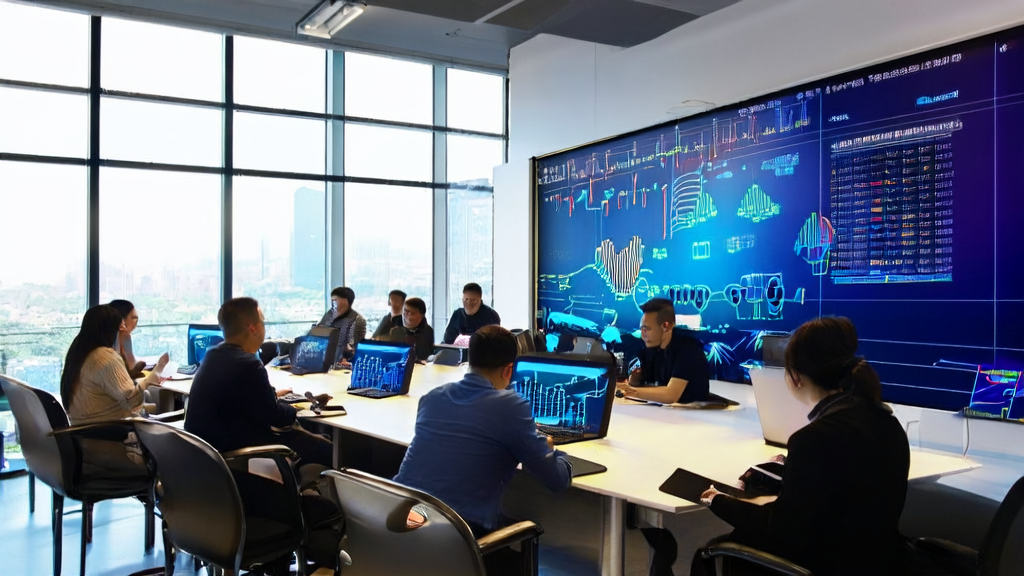 A modern office scene where employees are using AI technology for customer acquisition, highlighting the key role of JD's JoyAgent-JDGenie