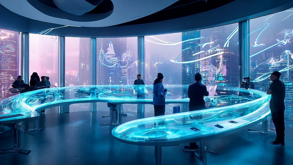 A futuristic software development studio where engineers collaborate with AI robots to write code, with a bustling city night view outside the window.