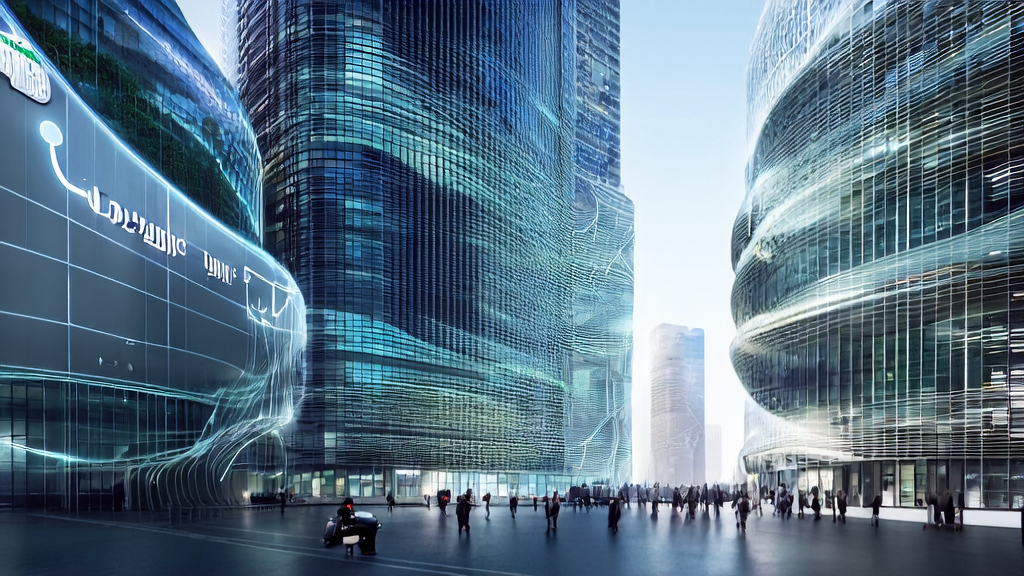 未来城市的办公场景，展示AI技术在客户获取中的应用