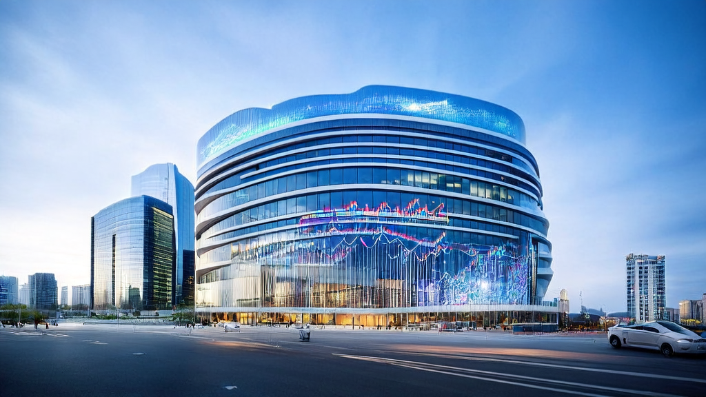 In a high-tech building in a futuristic city, LingSi large model and Cambricon computing platform collaborate to process customer data, showcasing the efficiency of AI-driven customer acquisition.