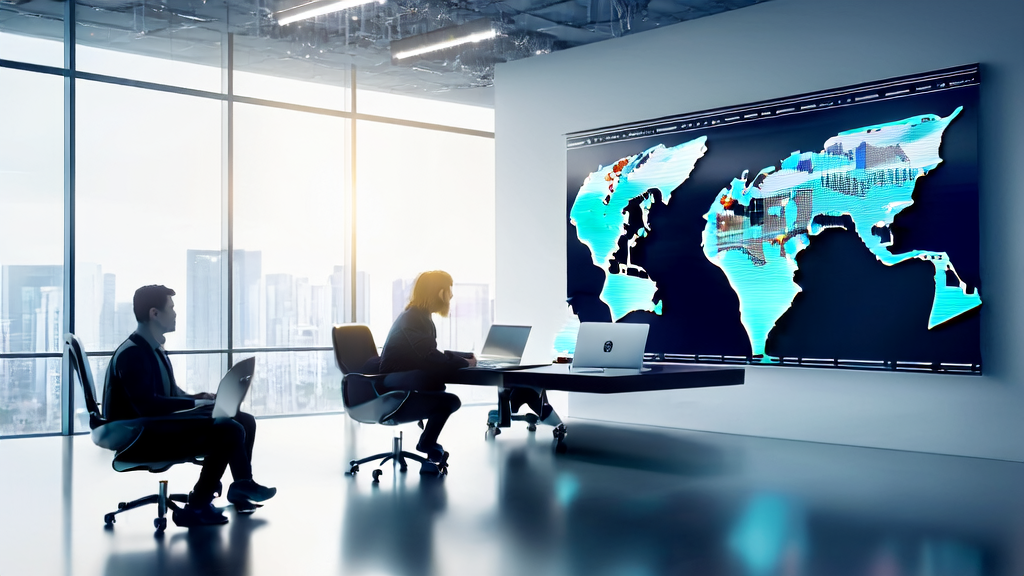 In a sunlit modern office, entrepreneurs use an AI-driven customer acquisition system to analyze global markets and handle customer inquiries