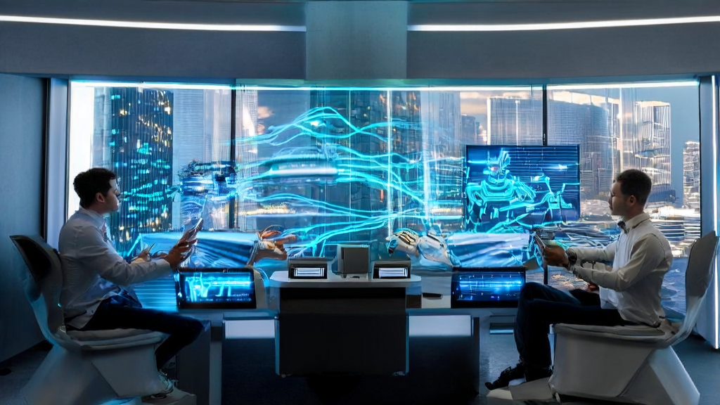 未来的办公室中，创业者利用AI技术进行高效的客户获取和数据分析，背景是繁忙的城市天际线。